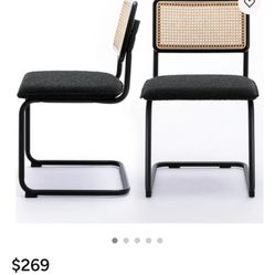 Set of 2 Boucle Rattan Dining Chairs, Cane Back, Mid-Century Modern Upholstery, Black