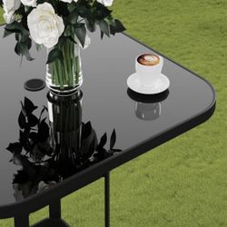 Patio Bar Height Table with Umbrella Hole, 2-Tier High Top Outdoor Bistro Table, Square Tempered Glass Metal Table for Patio, Lawn, Bar (31.5”D x 31.5
