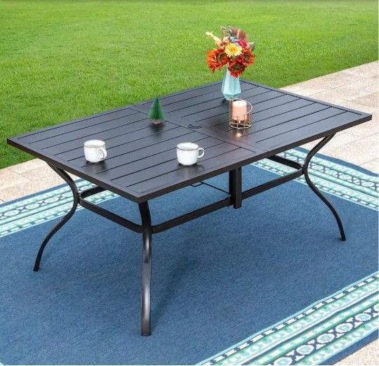 Black Slat Rectangle Metal Patio Outdoor Dining Table with 1.57 in. Umbrella Hole