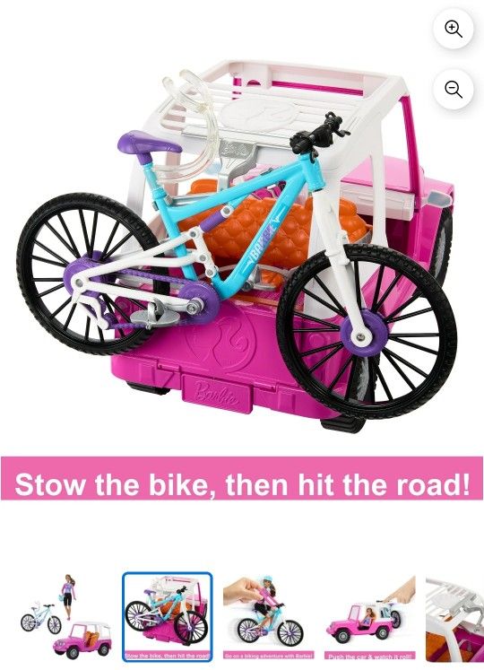 Barbie Doll, Mountain Bike, Barbie Car Bundle with Pink Jeep