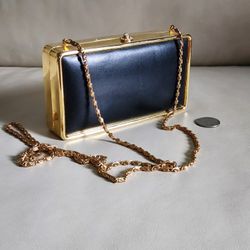 Vintage Valerie Steven's Clutch Shoulder Purse Hardcase Design In Black And Gold Party Purse.