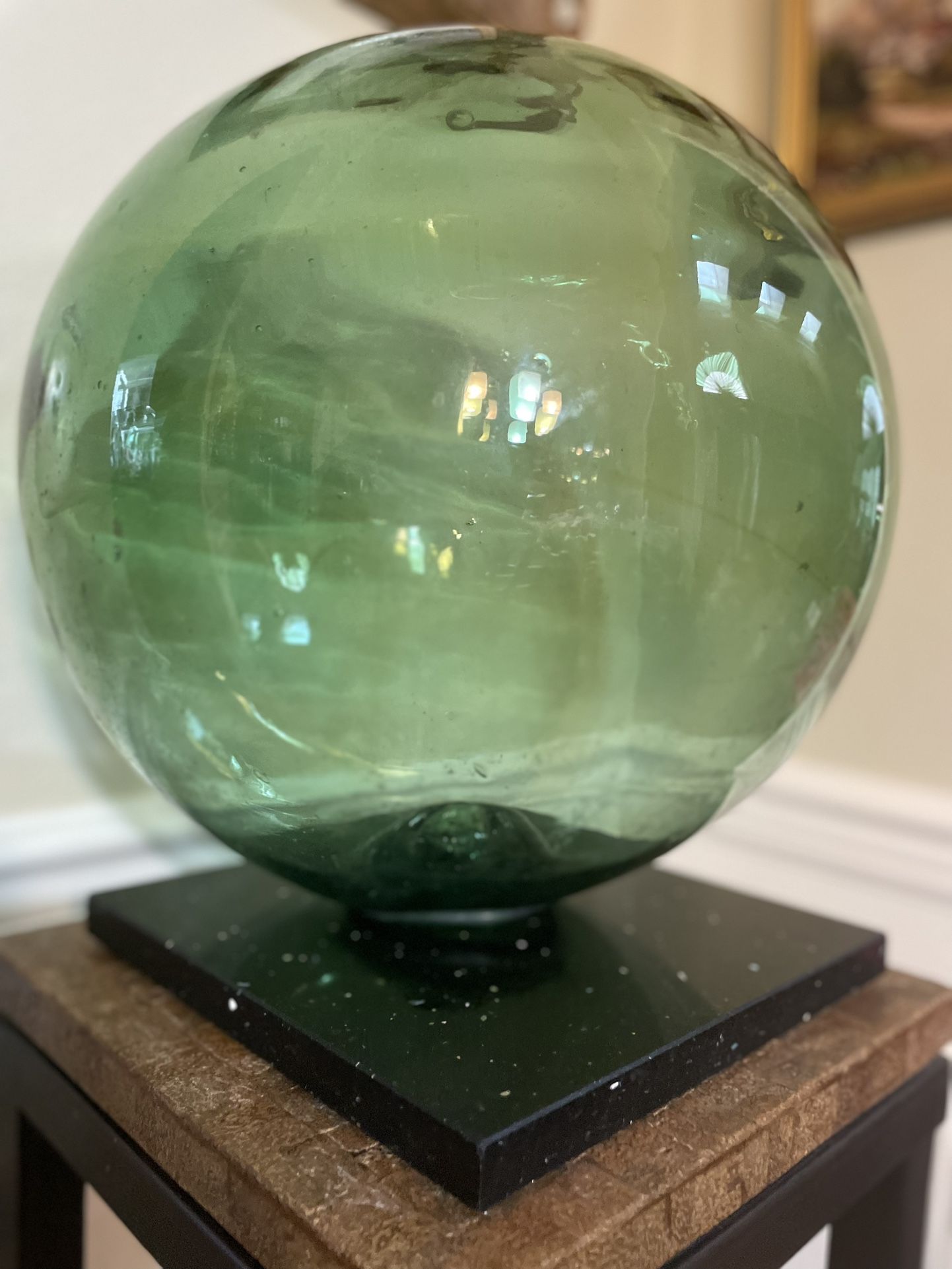 Asian Blown Glass Float 14”DXL Emerald Green Bare w/ Patch Scuffs Weathered Antique Tiki Yard Garden Ball