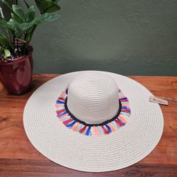 Rainbow Tassel Fringes Wide Brim Floppy Hat Beige 