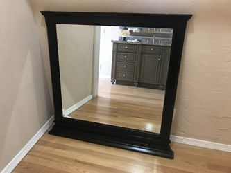 Large, traditional black wood-framed floor/leaning mirror - Monterey