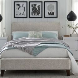 
QUEEN SIZE MATTRESS SET WITH GRAY CLOTH COVERED BED FRAME
