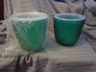 Set of 2 Green Glass Orchid Pots with Liners