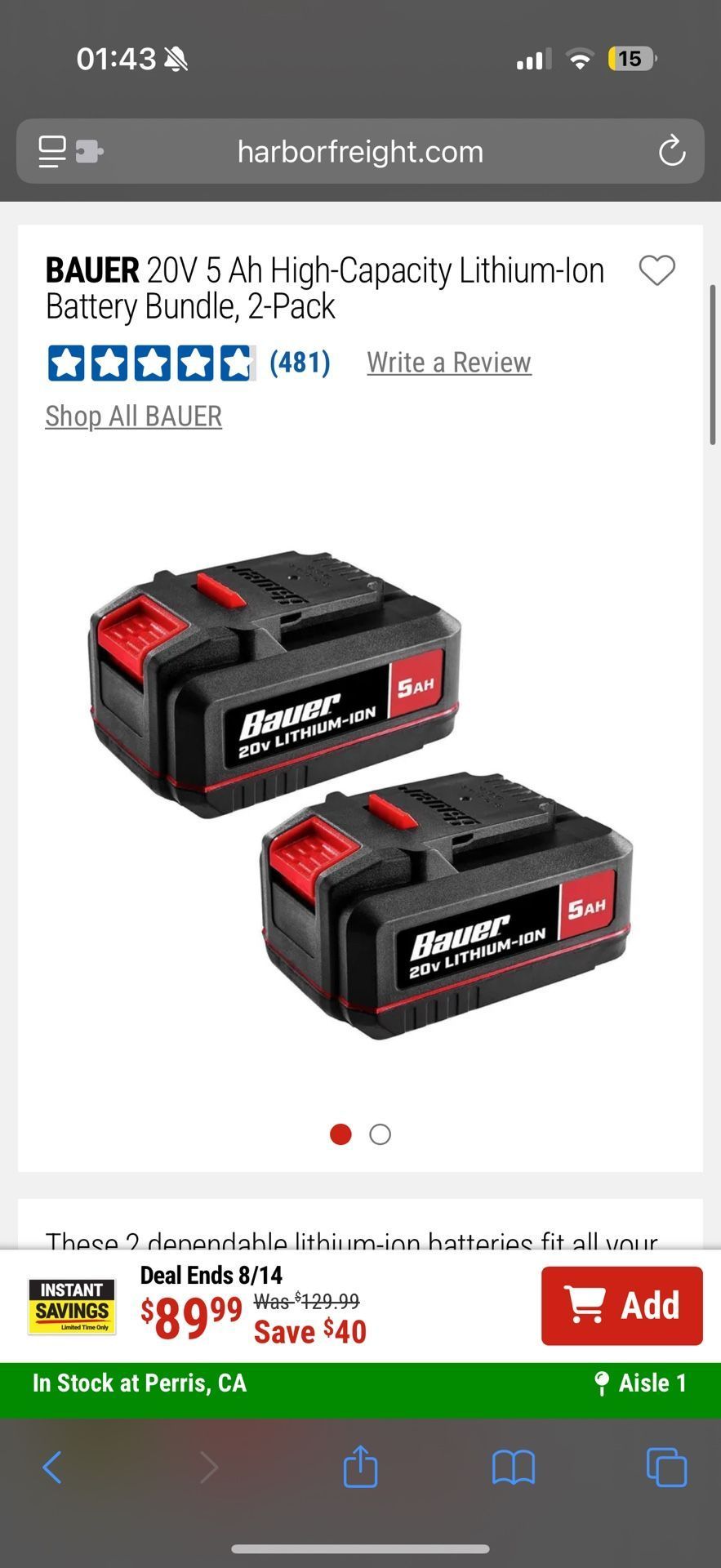 Bauer 20V 5Amp Battery 2 pack