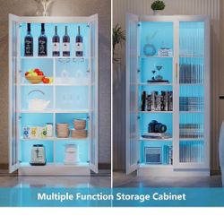 65" Storage Cabinet with LED Lights, White Display Curio Cabinet with 2 Doors and 5-Tier Shelves, Tall Bookcase Modern Bookshelf,