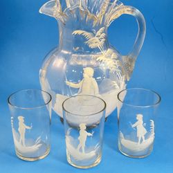 Mary Gregory Hand Blown Glass Pitcher, 3 Glasses