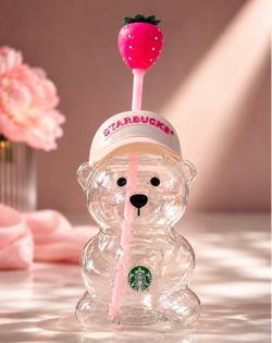 Starbucks Bear Glass Cup with Strawberry Straw