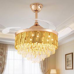 42" Gold Crystal Ceiling Fan Chandelier, Retractable Fandelier Luxury Crystal Design,
