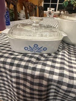 Corningware white covered casserole with blue flowers