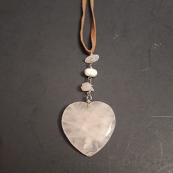 Rose Quartz Heart Pendant Necklace Translucent Natural Stone Known As "Stone Of Love" On A 17" Suede Leather Chain, Lobster Clasp & 3" Extra Chain