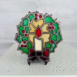 Vintage Christmas Wreath Cast Iron & Stained Glass Votive Candle Holder 6 1/2” tall x 5 1/2” wide