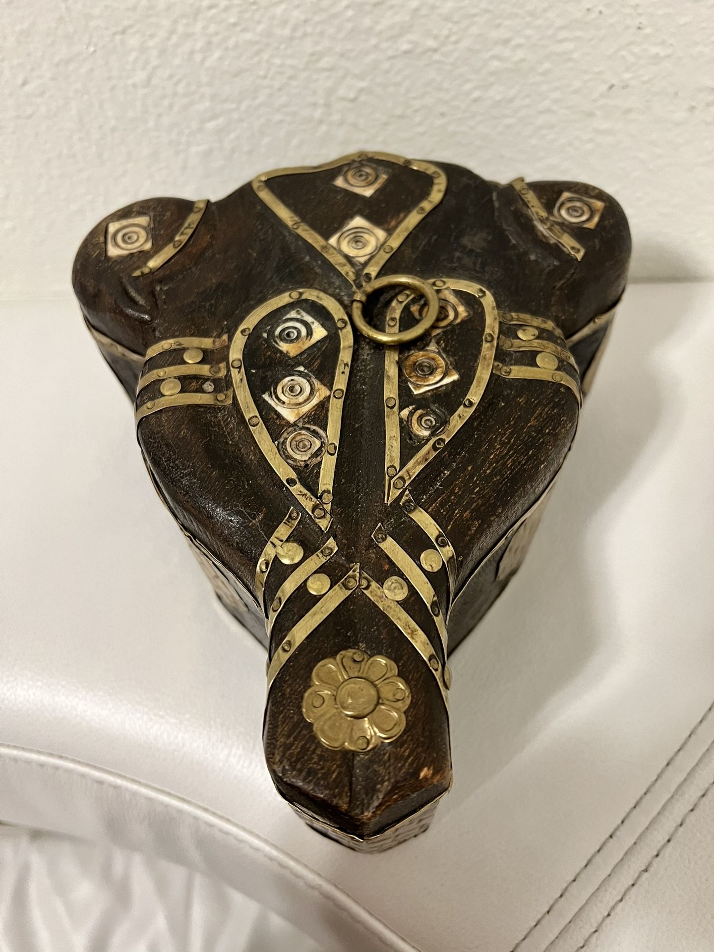 Vintage Indian casket sacred cow's head carved wood with stones and brass inlays