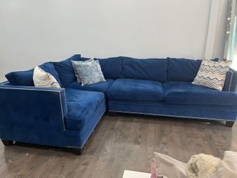 BSC At Home Down filled navy velvet sectional sofa  with nailhead trim
