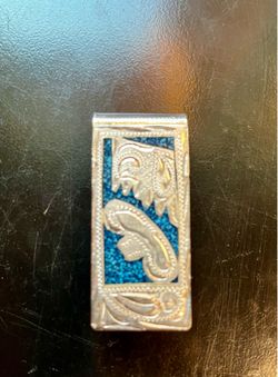 Vintage Alpaca Mexico Turquoise Inlay Money Clip - Ornate Serpent/Dragon Design
