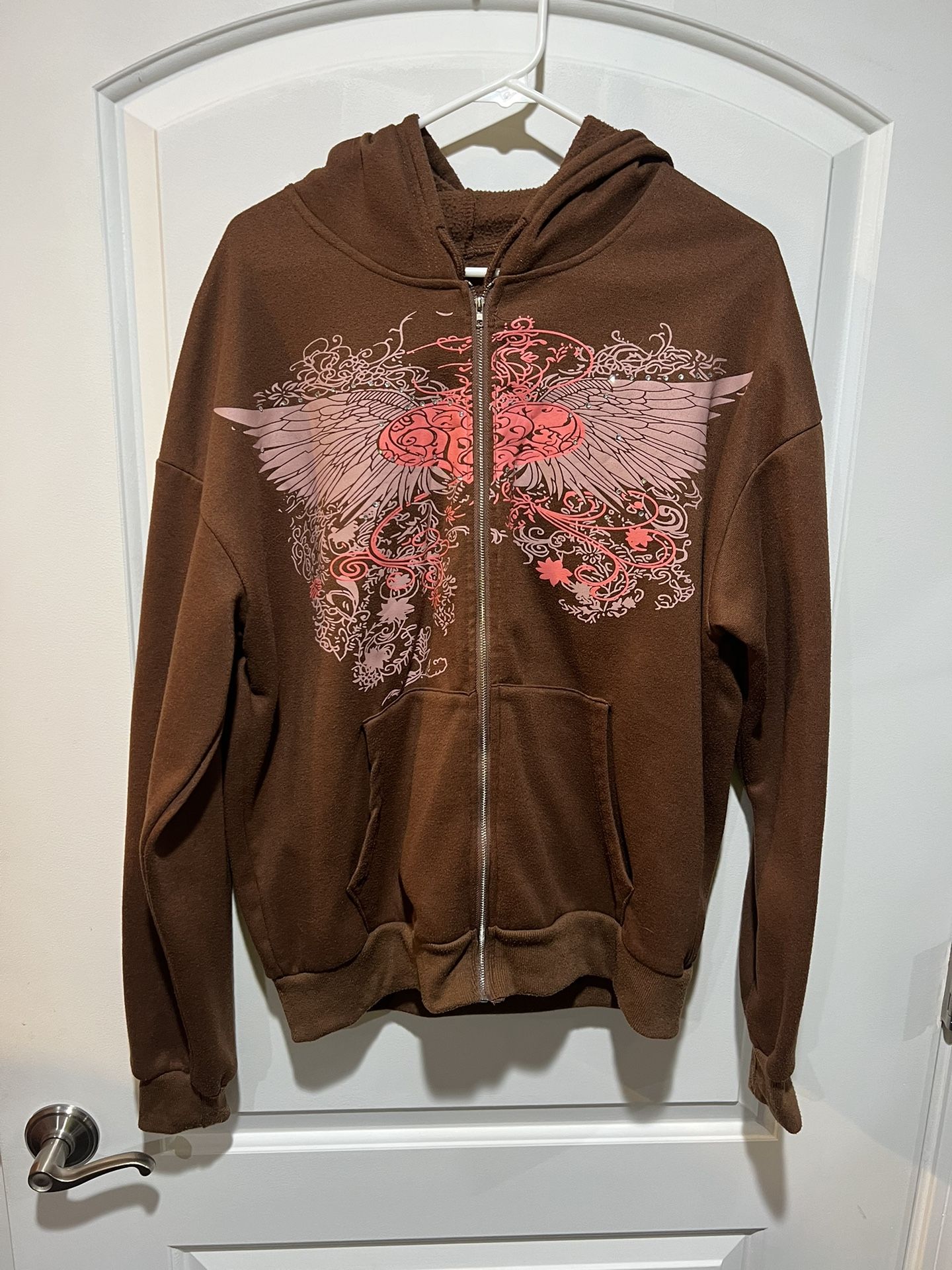 Women’s Small zip up hoodie Hooded sweatshirt brown pink wing design