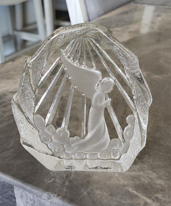 Crystal Angel 5-1/2" Paperweight Engraved Designer Frosted Glass