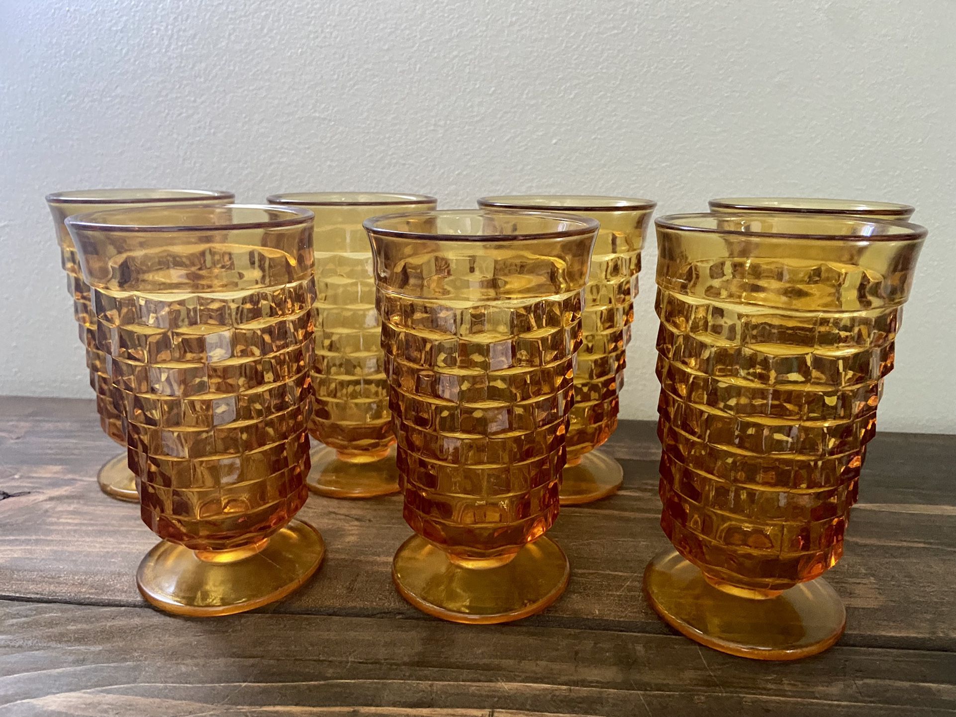 Vintage MCM Indiana Glass “Whitehall” Footed Amber Glass Tumblers Set Of 7