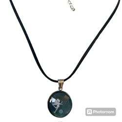 Stainless Steel Fairy & Moon Pendant Blue & White 1 Inch w/ 18” Suede Chain