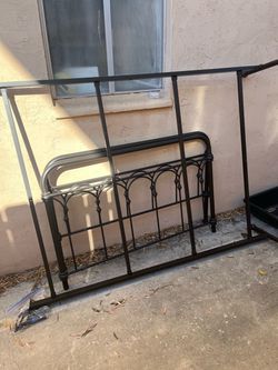Queen size black iron bed frame headboard set