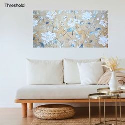Brand New  47,2 " X  23,6 " Printed Canvas Floral Tan White Blue And Gold 