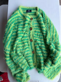 LALA ORIGINAL Double Trouble Striped Fuzzy Cardigan in Green