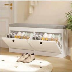 White Shoe Bench with 2 Flip Drawers