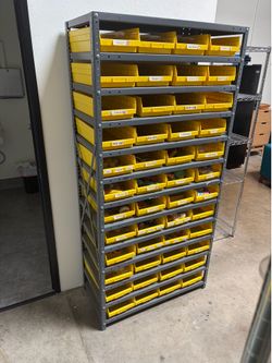 Steel Shelving Unit with Yellow Bin Organizers