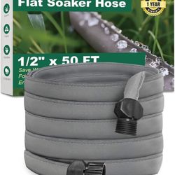 Flat Soaker Hose 50 FTfor Garden Beds, Linkable Drip Irrigation Hose, Double-Layer PVC, Leakproof & Kink-Resistant, Even Seepage Saves up to 80