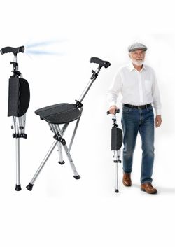 Cane with Seat Folding Lightweight Walking Cane Stick with Seat for Seniors | Chair Cane with Adjustable 45° LED Light, Anti-Slip Base, Aluminum, Easy