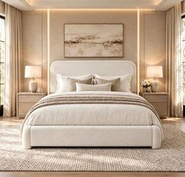 Queen Size Boucle Bed Frame, Upholstered Platform Bed with Height Adjustable Headboard & Soft Rounded Corners, Noise Free, Easy Assembly, No Box Sprin