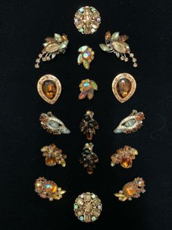 Vintage Rhinestone Brooches & Earrings Lot - Amber Brown ($20-$40 each)