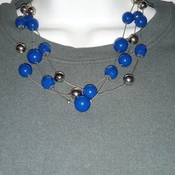 Silvertone Necklace With Blue And Silver Tone Beads Three Strands