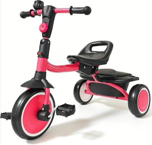 Toddler Tricycle for 2 3 4 Year Olds, Foldable Kids Trike with Basket Removable Pedals and Bell, Easy to Install Baby Bike for Toddler Gift