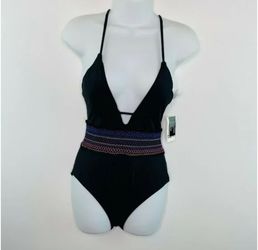 Bar III Women Black Stitching Smocked Plunging One-Piece Bikini  Swimsuit XL