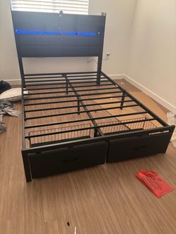 Black Metal Bed Frame with Storage Drawers and LED Headboard