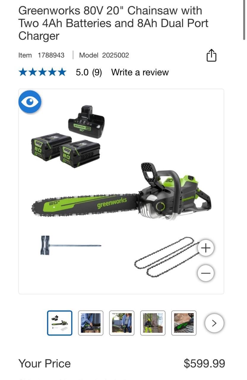 Greenworks 80V 20" Chainsaw with Two 4Ah Batteries and 8Ah Dual Port Charger