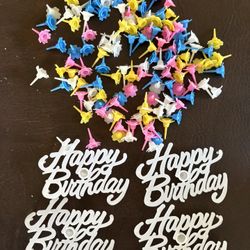 New Vintage Plastic Birthday Cake, Cupcake, Flour, And Happy Birthday Candle Holders 135 Total