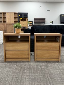Set of 2, Modern Oak Nightstands, Clean lines, warm oak finish, and built-in cable management. The perfect blend of style and function for any bedroom