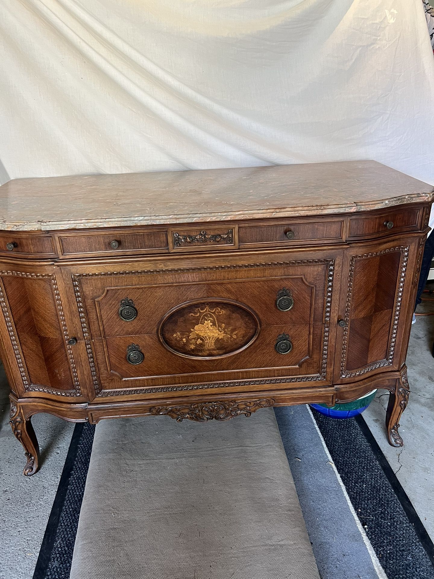 Antique French Marble-Top Commode – Louis XV / Louis XVI Style, Floral Marquetry, 1900s