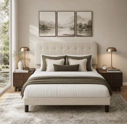 Queen Upholstered Platform Bed Frame with Headboard - Modern Bedroom Furniture with Sturdy Wooden Slats, Quiet & Noise Free, No Box Spring Needed, Bei