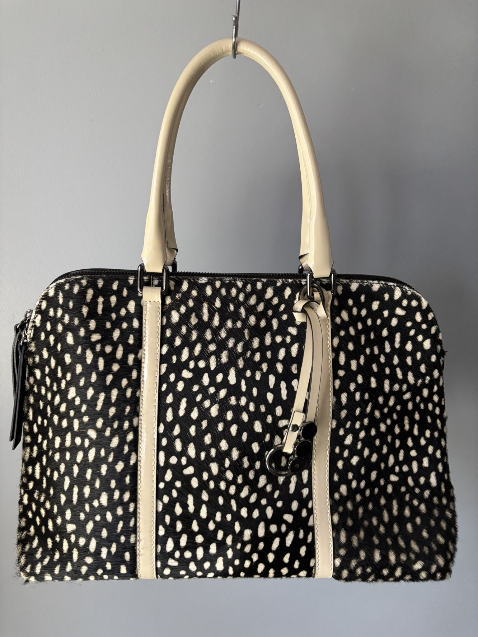 Asia Bellucci Italian Calf Hair Leather Tote Animal print Dual Zip Blk/crm
