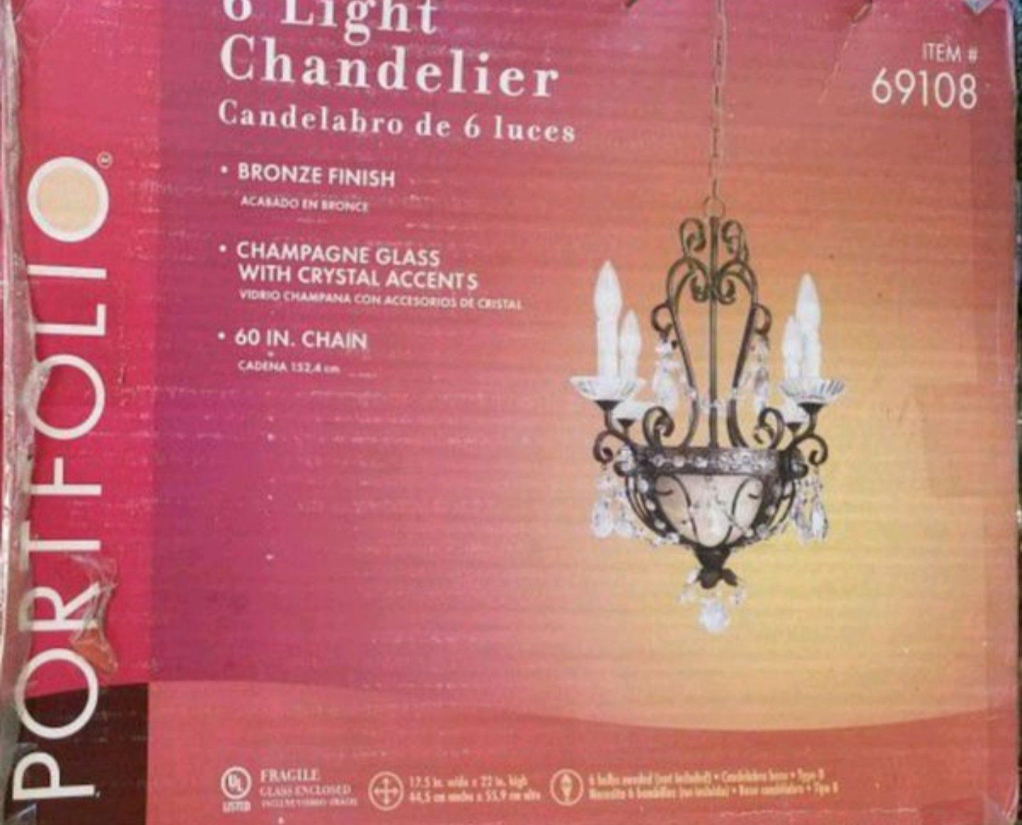New 6 Light Chandelier Champagne Glass with Crystal Accents