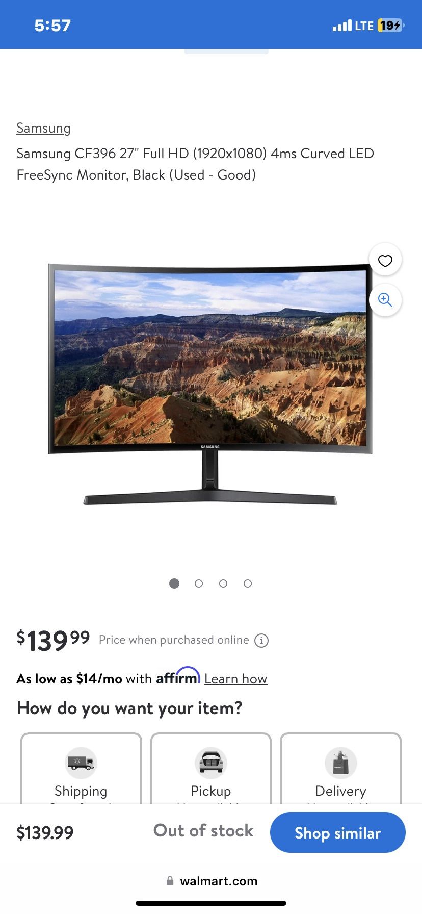 27 in Samsung Curved Gaming Monitor CF396