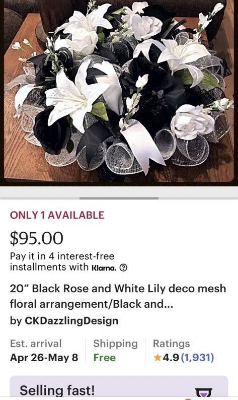 Black And White Deco Mesh Floral Arrangement