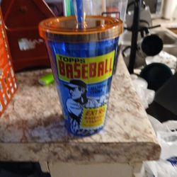 TOPPS Baseball Card Style 16oz Double Wall Arylic Tumbler. Vintage w/Straw