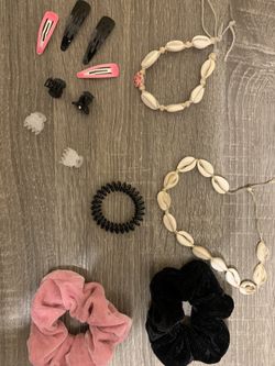 Scrunchies, hair clips, shell necklace