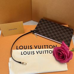 🎁NEW AUTHENTIC LOUIS VUITTON Neverfull MM Damier Ebene Pochette/Clutch Rose Ballerine